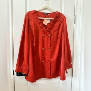 BloomChic Rust V-Neck Blouse with Gold Buttons
